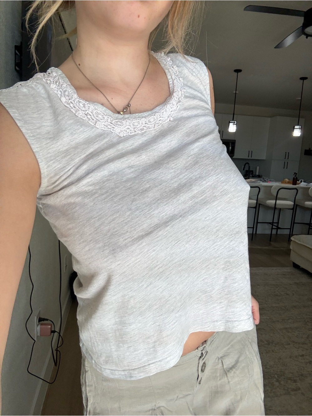 Light Gray Lace-Trim Sleeveless Tank Top
